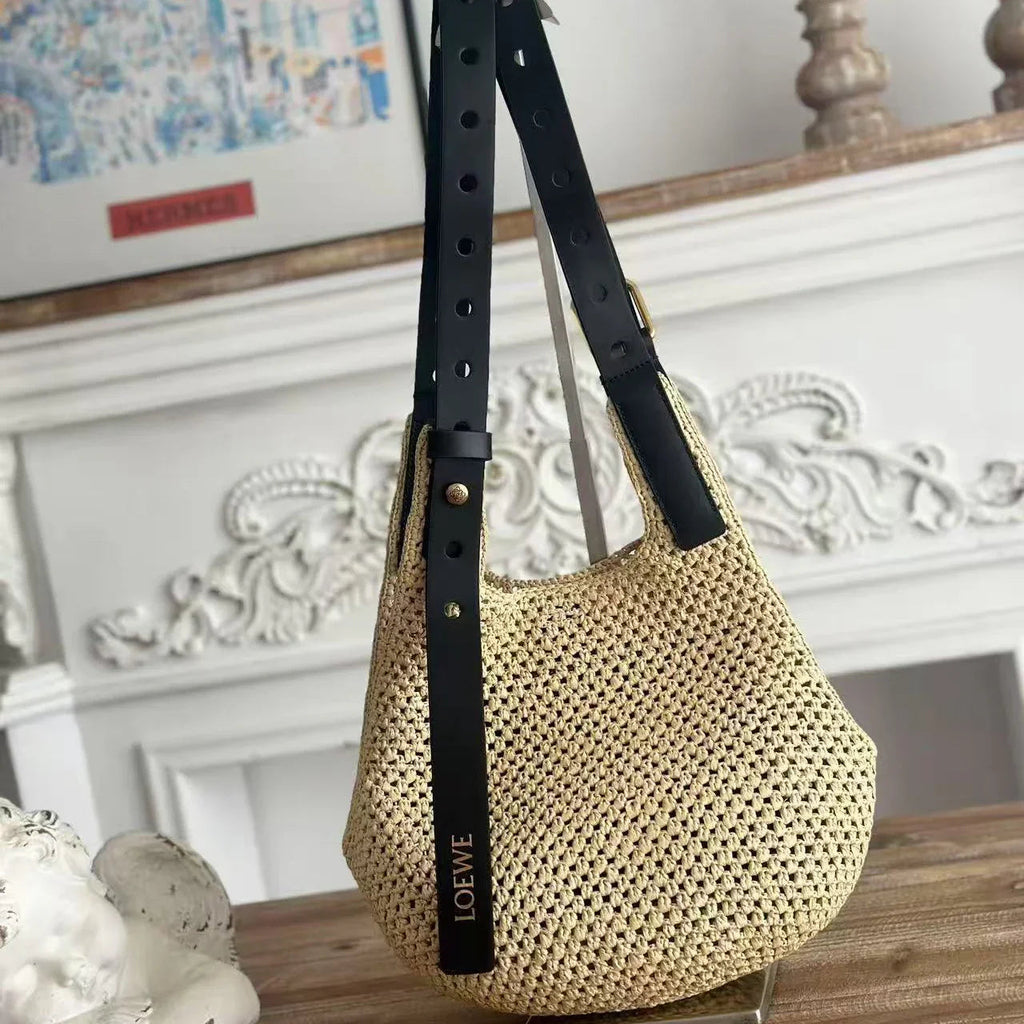 L*ewe x Paula's Ibiza Small Punch Hole Hobo Bag Beige Black Raffia Leather
