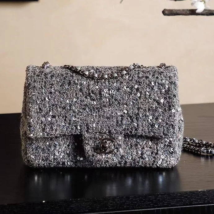 Ch*nel 2026 Flap Bag 21cm Silver Gray Chevron Sequin