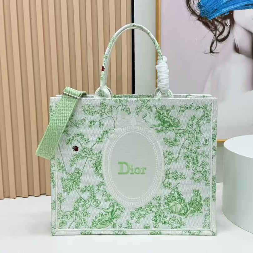 D*or 2026 Book Tote 41cm with Strap Green White Canvas