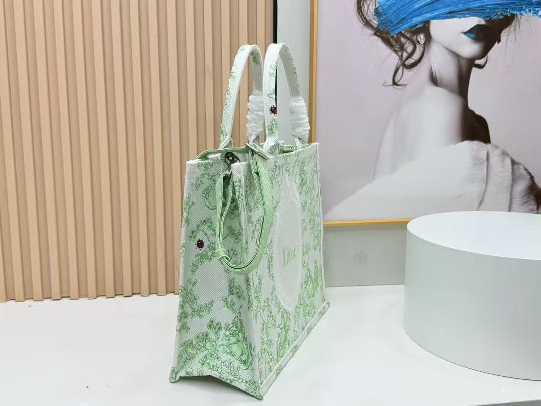 D*or 2026 Book Tote 41cm with Strap Green White Canvas