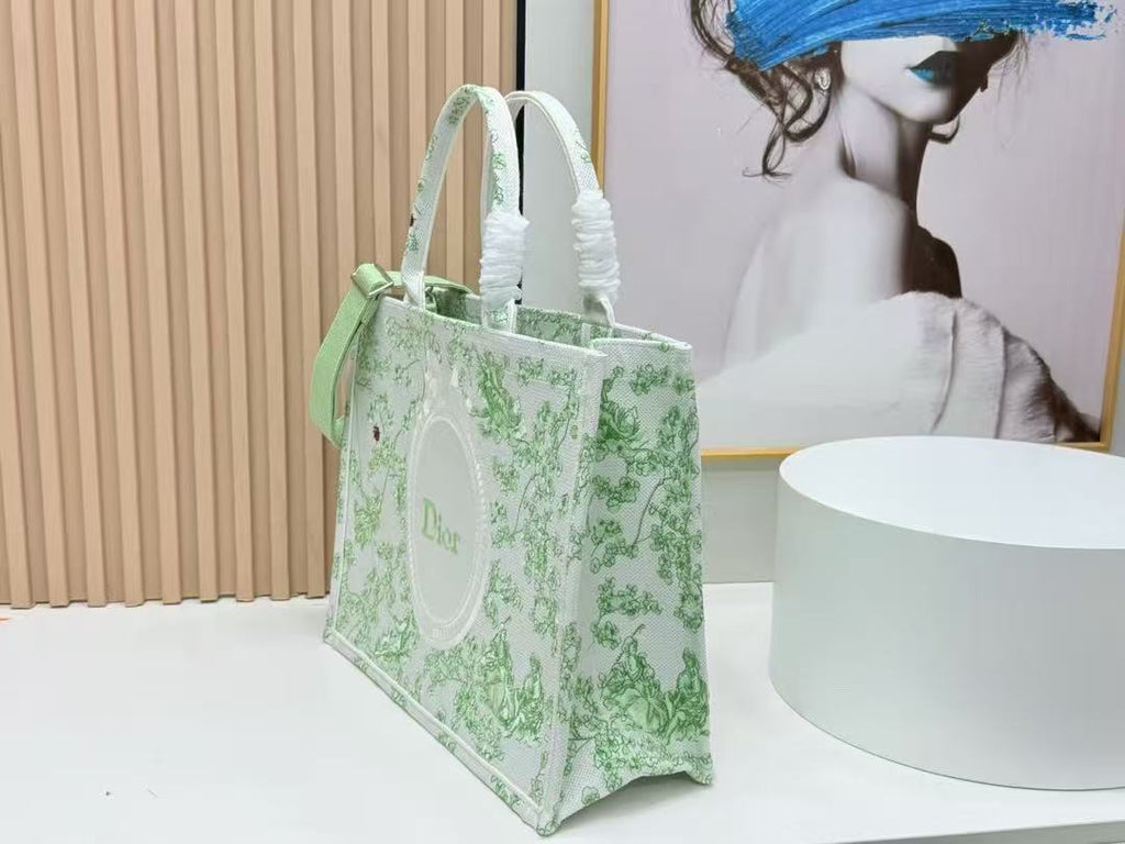 D*or 2026 Book Tote 41cm with Strap Green White Canvas