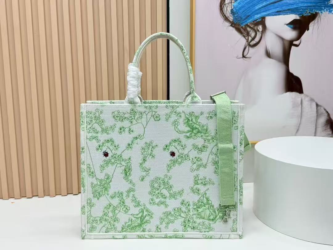 D*or 2026 Book Tote 41cm with Strap Green White Canvas