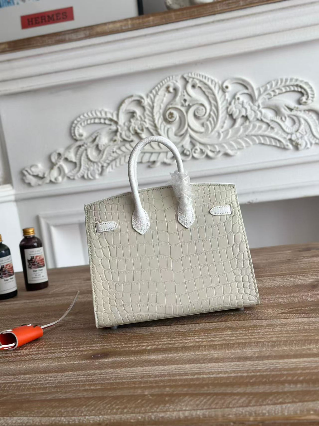H*M Birkin Faubourg 20 Cream White Alligator Embossed Leather Togo Leather