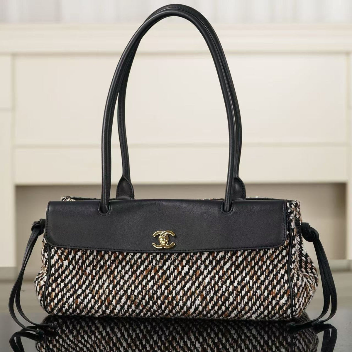 Ch*nel 2026 Shopping Tote Bag 30cm Black Cowhide Wool