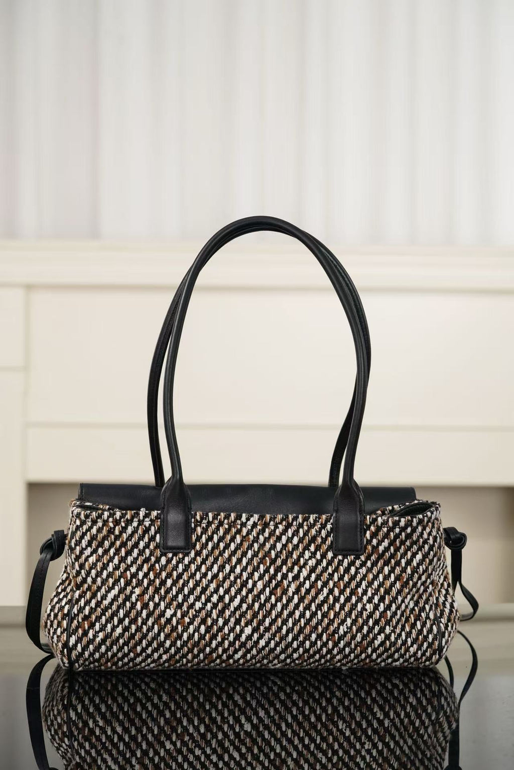 Ch*nel 2026 Shopping Tote Bag 30cm Black Cowhide Wool
