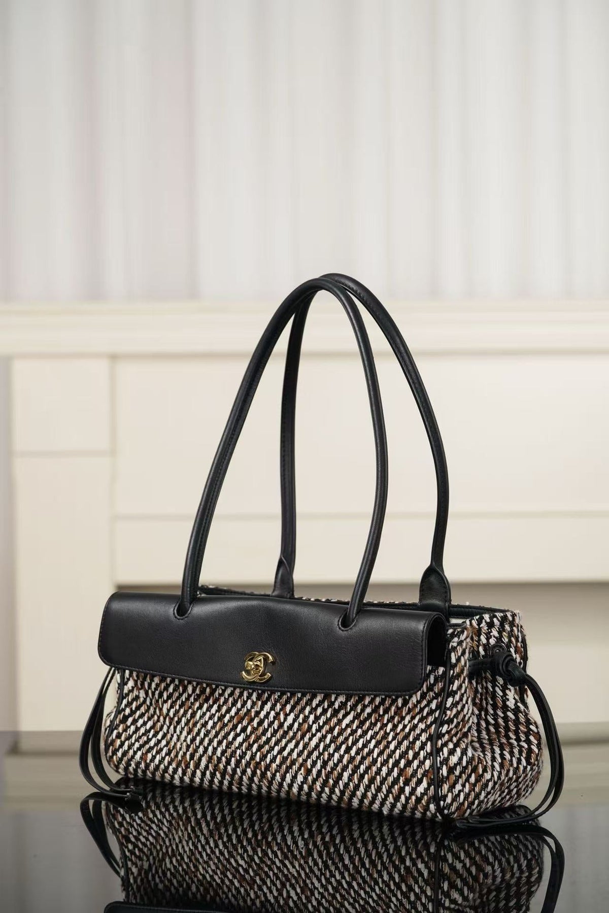 Ch*nel 2026 Shopping Tote Bag 30cm Black Cowhide Wool