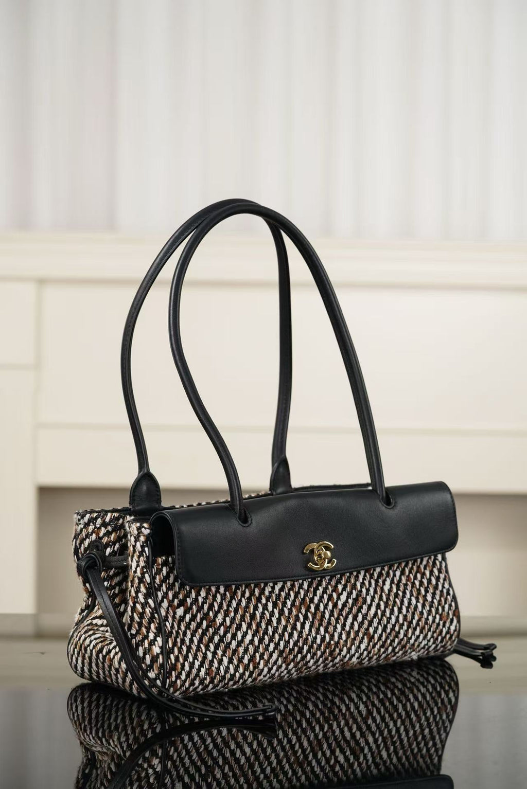 Ch*nel 2026 Shopping Tote Bag 30cm Black Cowhide Wool