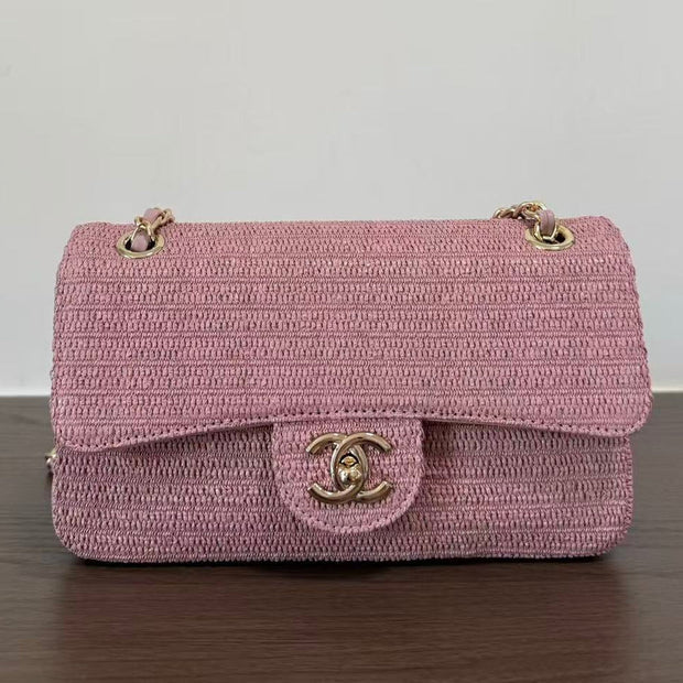 Ch*nel 2026 Classic Flap Bag 25cm Pink Tweed Fabric Leather