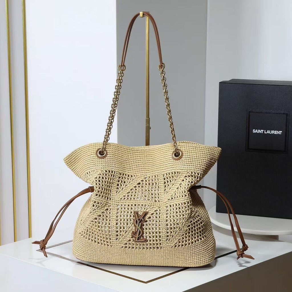 Y*S*L Jamie Shopping Bag 35cm Dark Brown Beige Raffia Leather