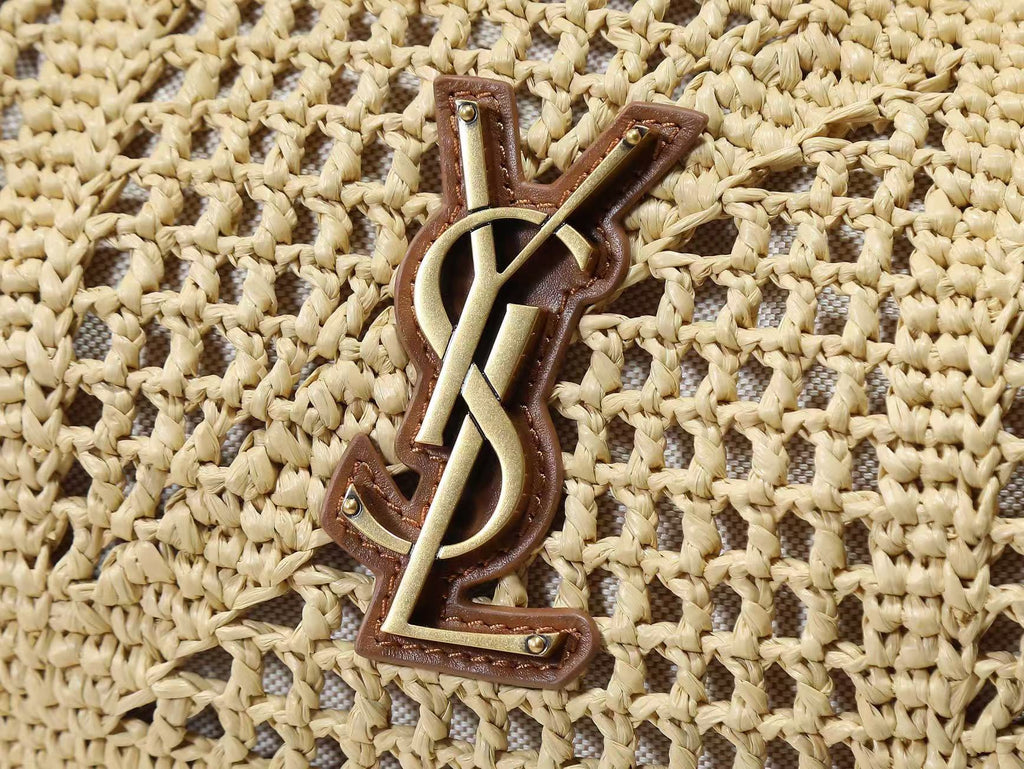 Y*S*L Jamie Shopping Bag 35cm Dark Brown Beige Raffia Leather