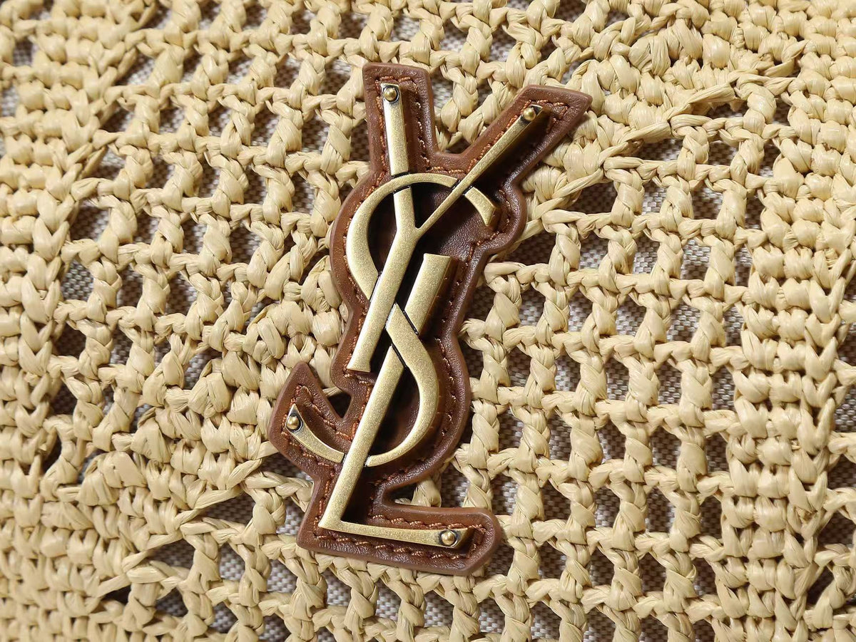 Y*S*L Jamie Shopping Bag 35cm Dark Brown Beige Raffia Leather