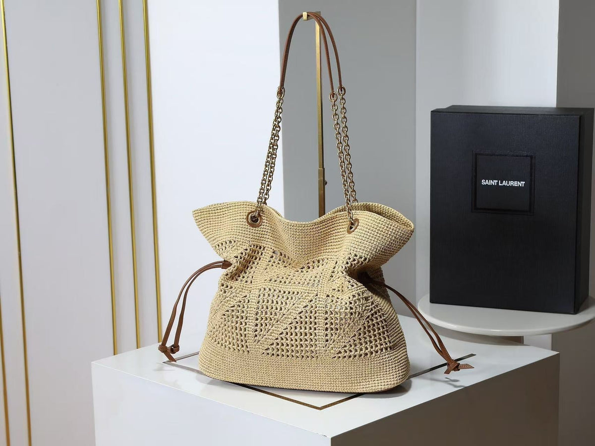 Y*S*L Jamie Shopping Bag 35cm Dark Brown Beige Raffia Leather