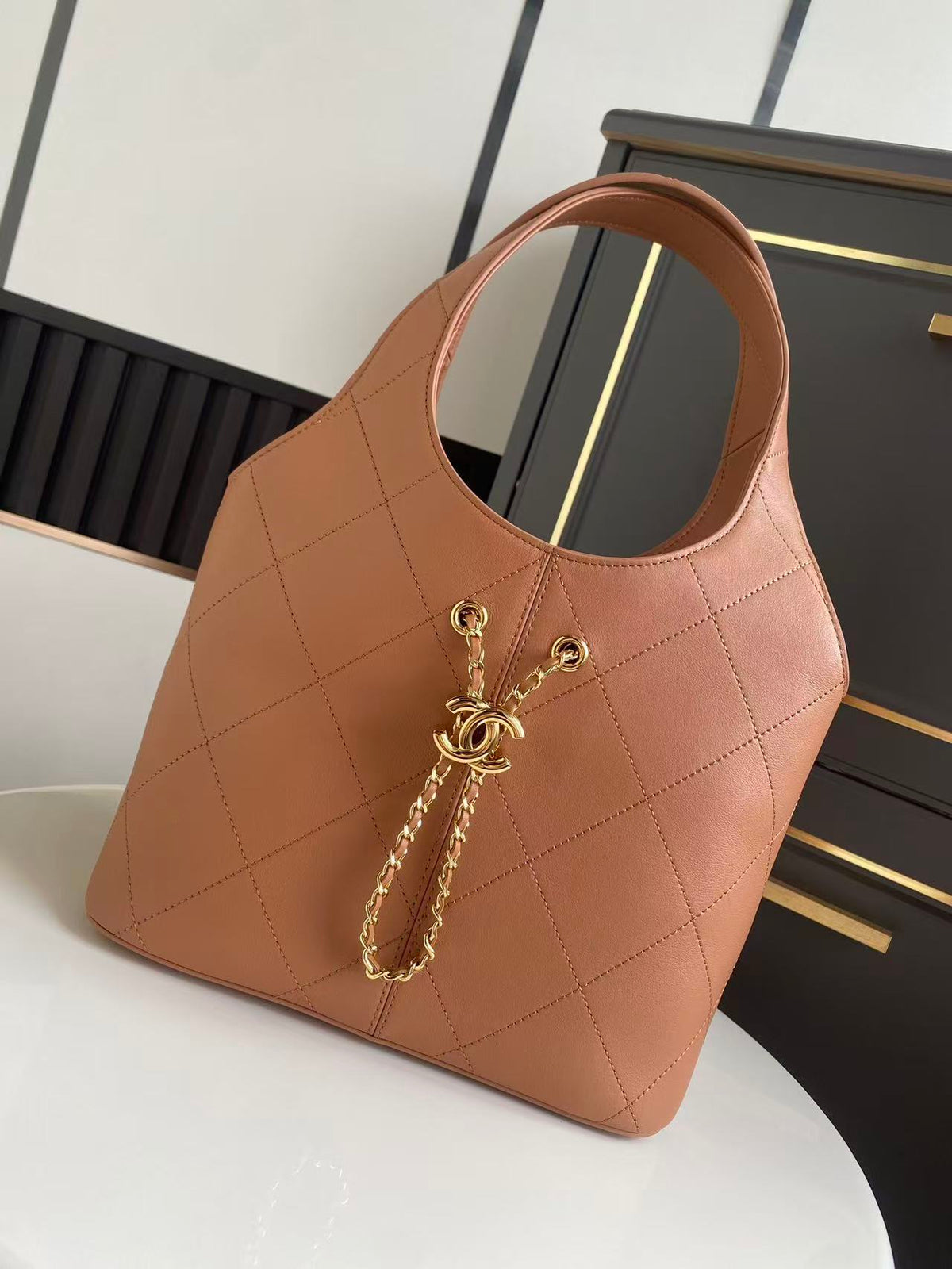 Ch*nel Hobo Bag 35 Brown in Cowhide