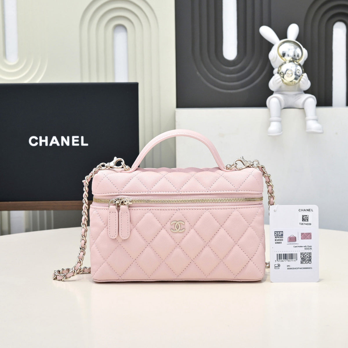 Ch*nel 2026 Vanity Bag 19cm Pink in Caviar and Cowhide Leather AP4385