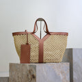 Y*S*L TOTE BAG IN TAN RAFFIA BROWN COWHIDE LEATHER