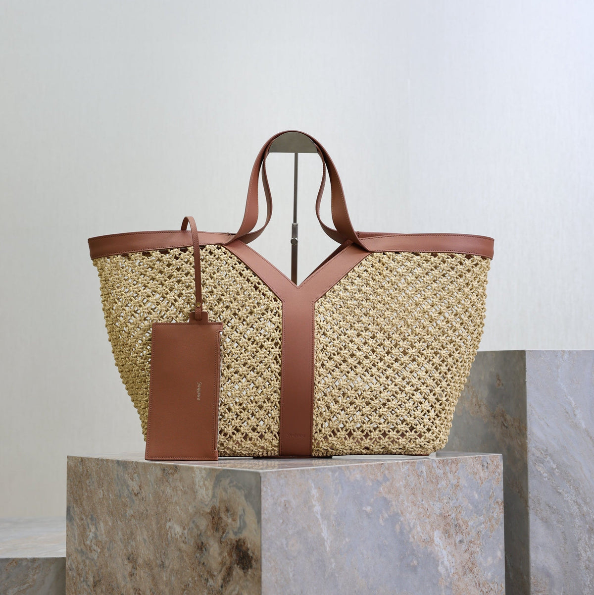 Y*S*L TOTE BAG IN TAN RAFFIA BROWN COWHIDE LEATHER