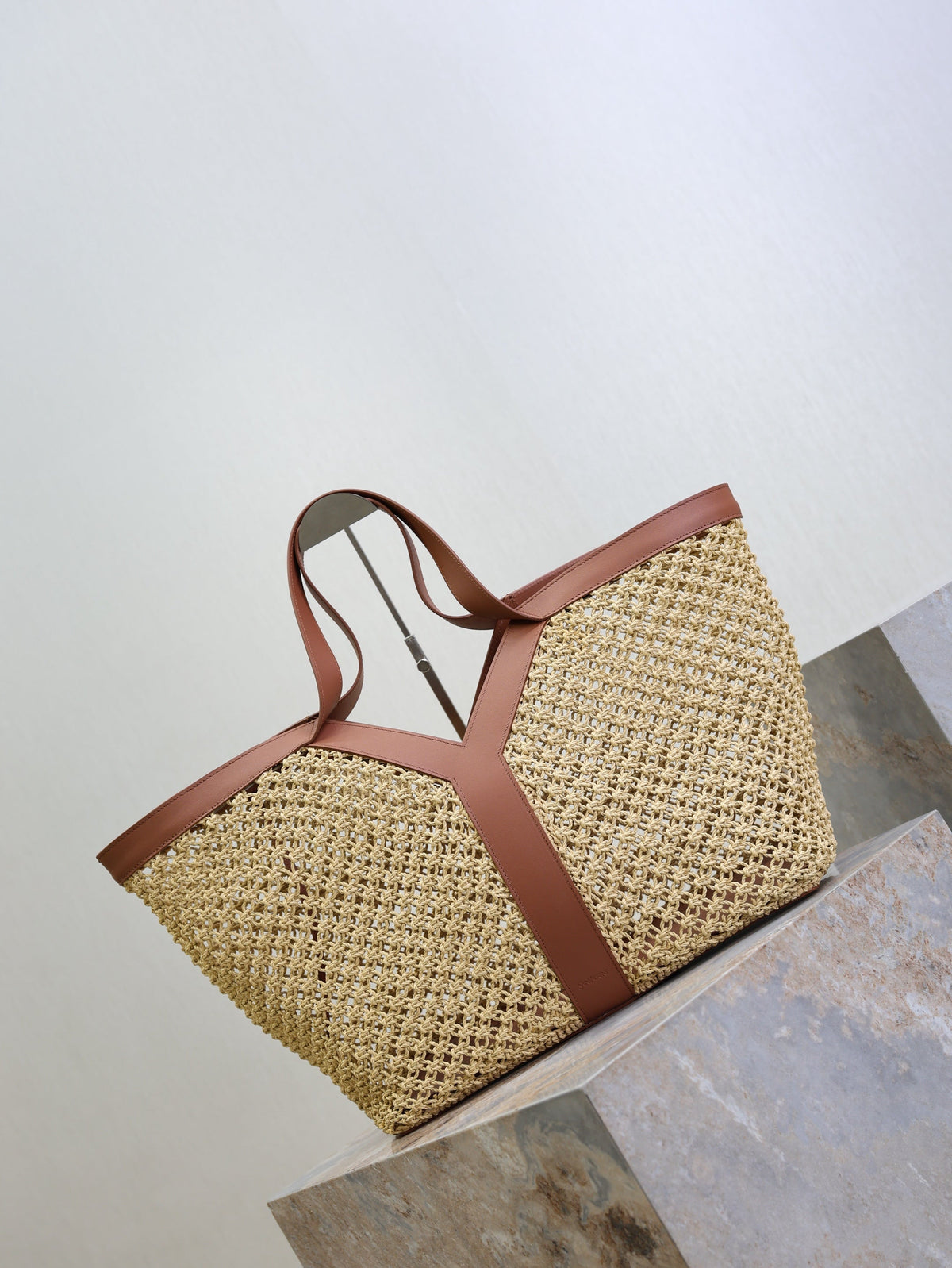 Y*S*L TOTE BAG IN TAN RAFFIA BROWN COWHIDE LEATHER