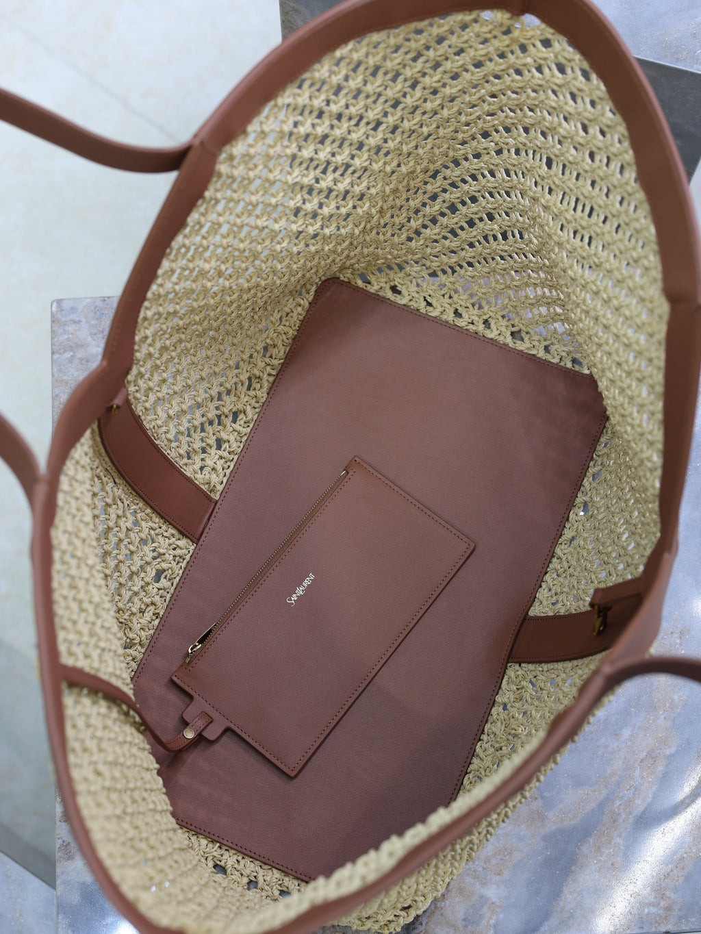 Y*S*L TOTE BAG IN TAN RAFFIA BROWN COWHIDE LEATHER