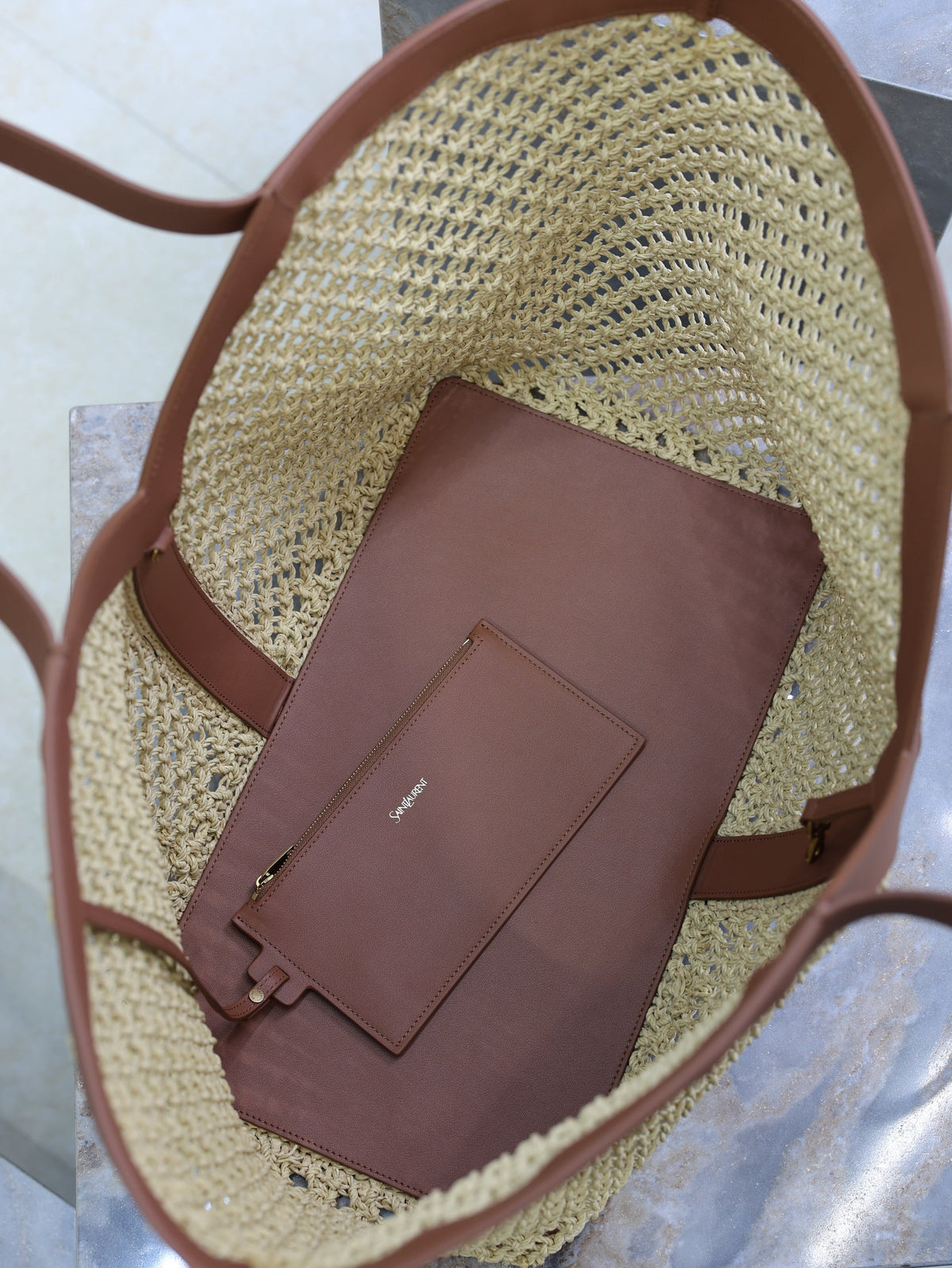 Y*S*L TOTE BAG IN TAN RAFFIA BROWN COWHIDE LEATHER
