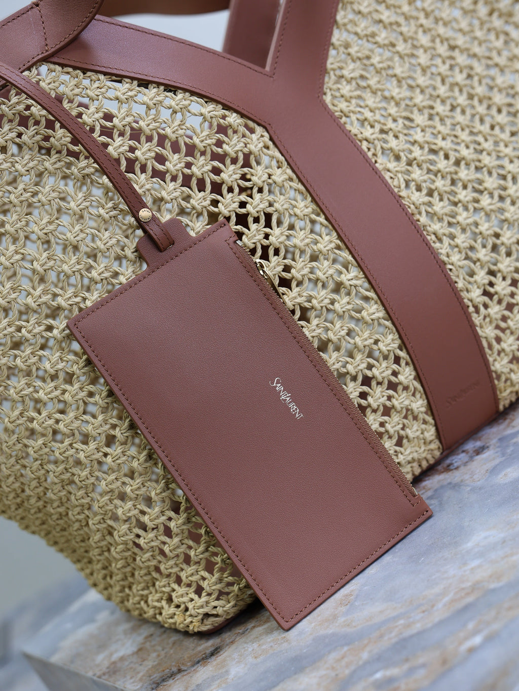 Y*S*L TOTE BAG IN TAN RAFFIA BROWN COWHIDE LEATHER