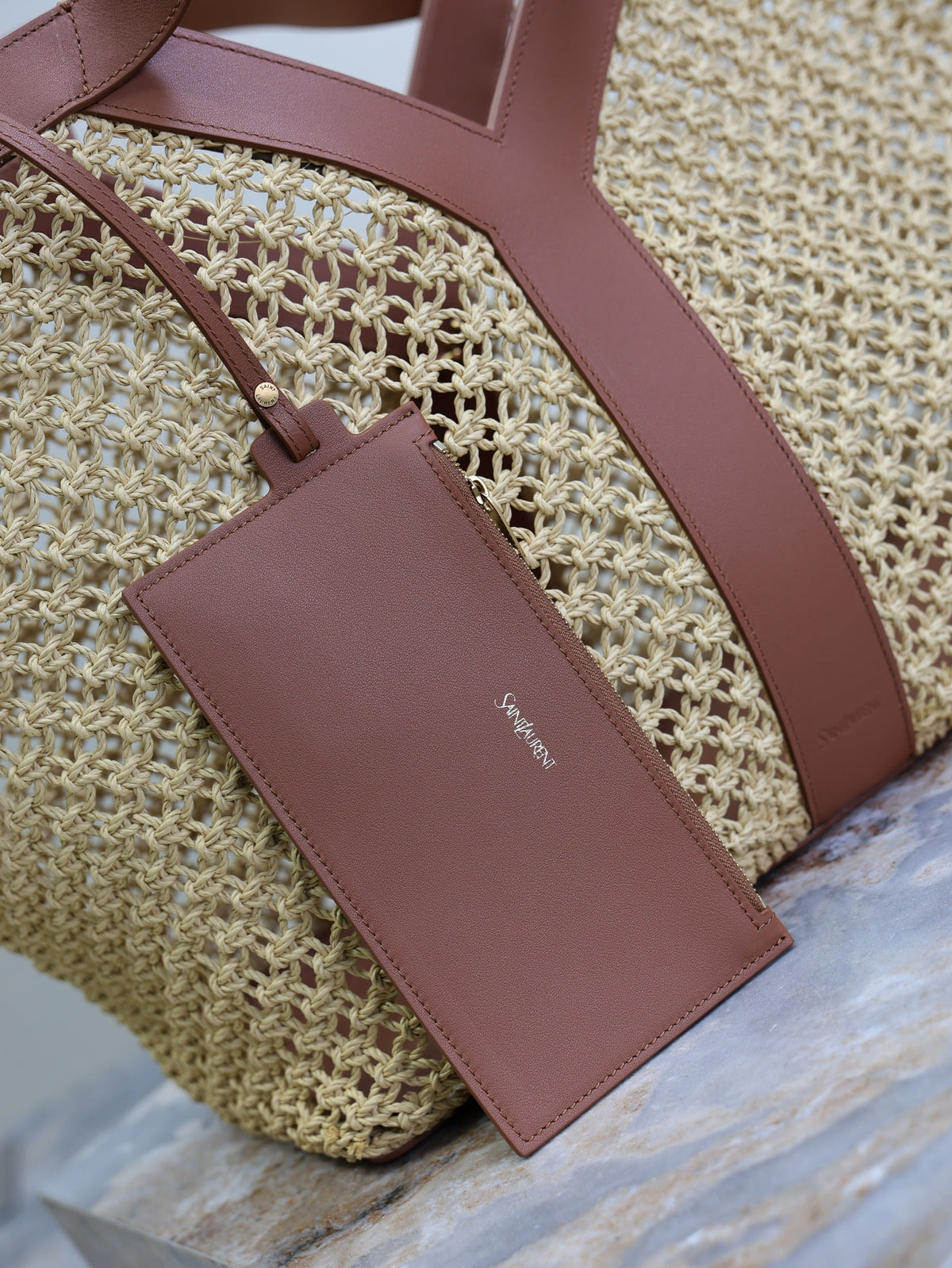 Y*S*L TOTE BAG IN TAN RAFFIA BROWN COWHIDE LEATHER