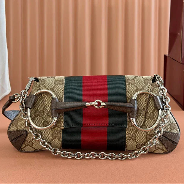 G*G 2026 Horsebit Chain Shoulder Bag 27cm Beige Red Green Canvas Leather