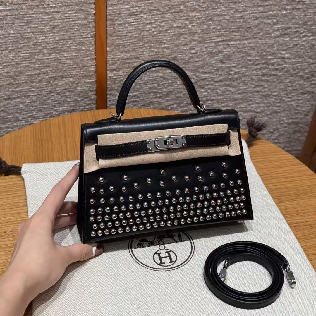 H*M Mini Kelly Clouté Studded 20cm Black Calfskin SHW