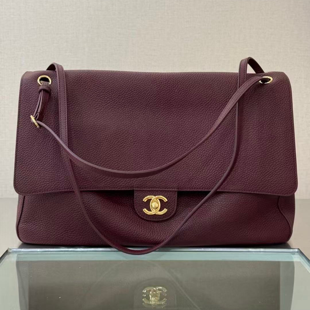 Ch*nel 2026 Maxi Flap Bag 38.5cm Dark Burgundy Calfskin Gold Hardware