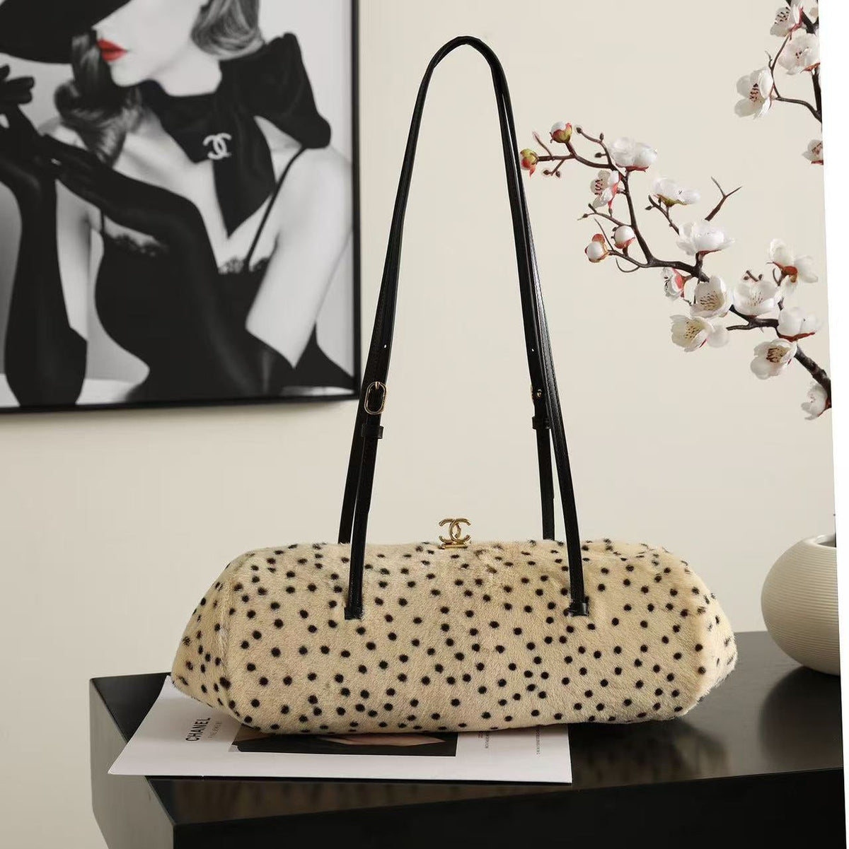 C*C 26A Handbag Dalmatian Print Shearling Leather
