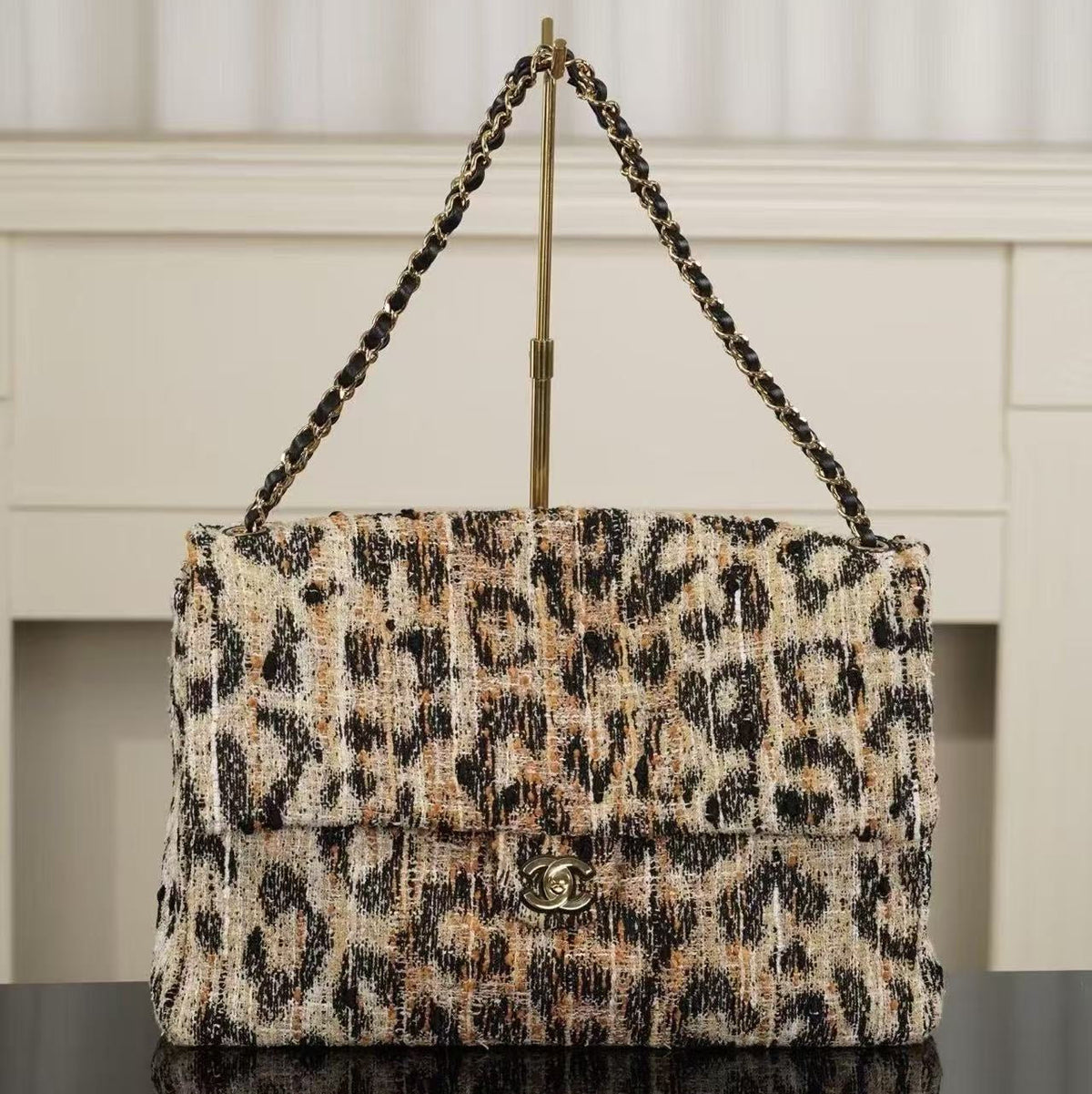 C*C Maxi Flap Bag 38cm Brown Black Leopard Linen