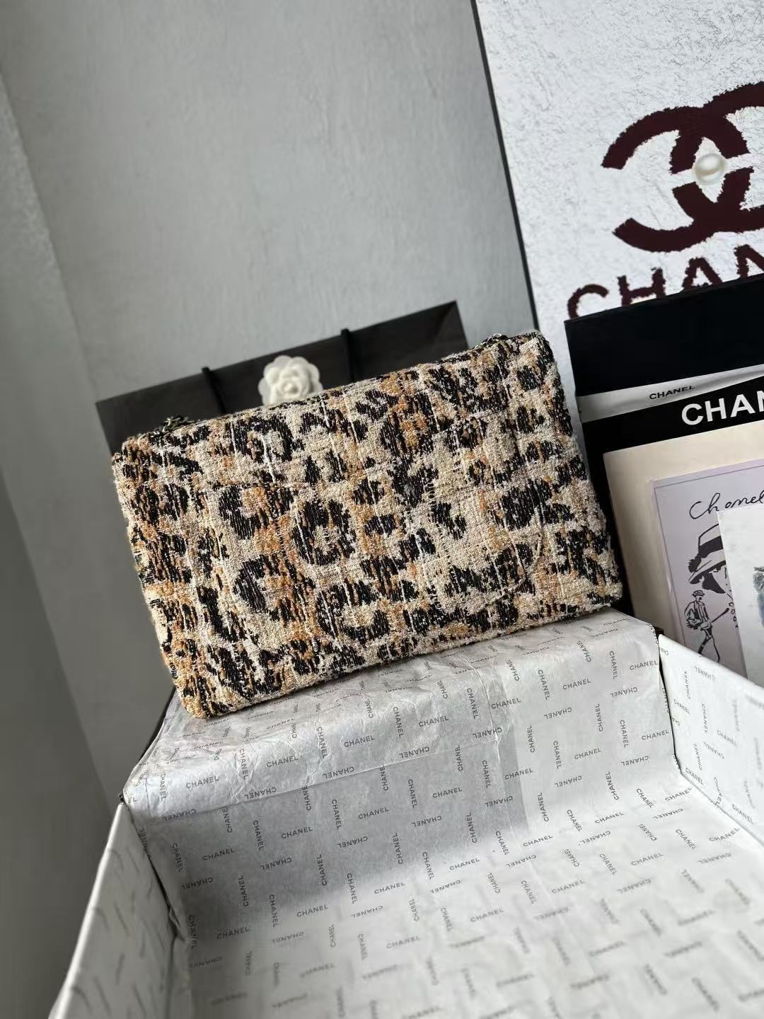C*C Maxi Flap Bag 38cm Brown Black Leopard Linen