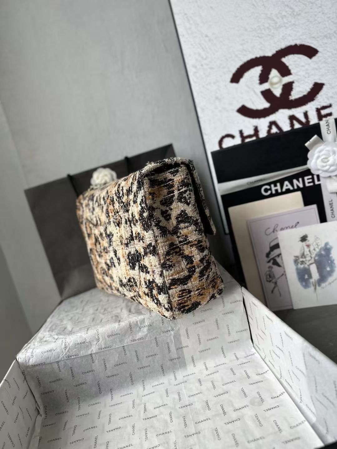 C*C Maxi Flap Bag 38cm Brown Black Leopard Linen