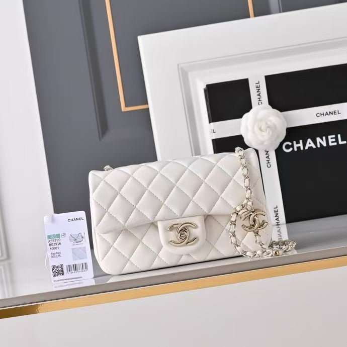 C*C Classic Mini Flap Bag 20cm in White Lambskin
