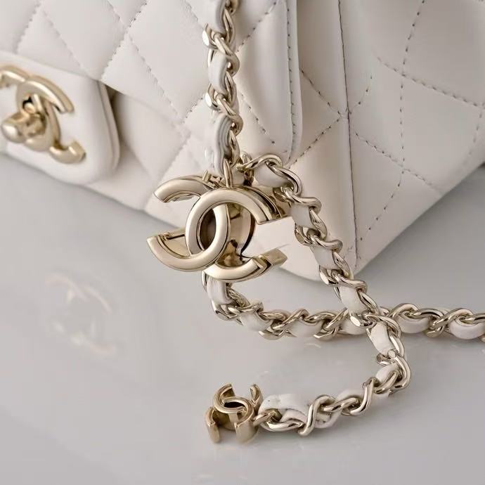C*C Classic Mini Flap Bag 20cm in White Lambskin
