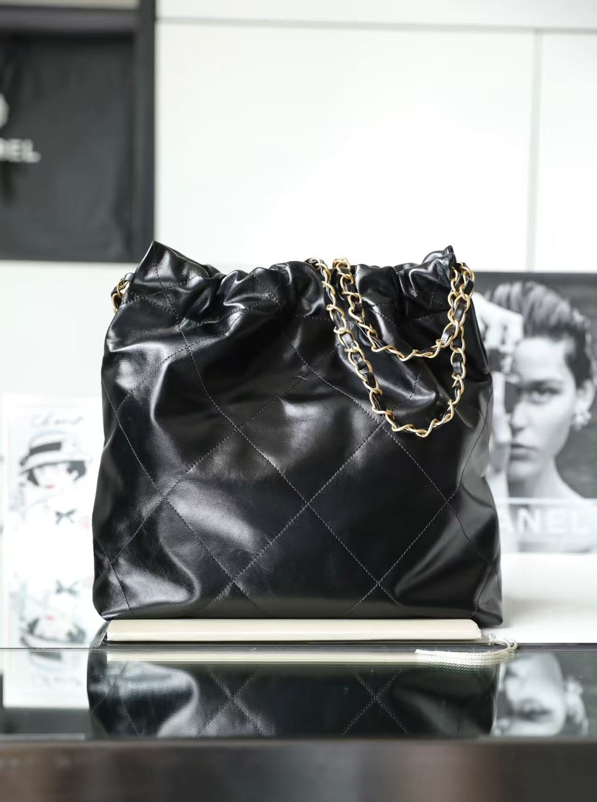 C*C Hobo Bag 22 Black 39cm Calfskin Gold Hardware