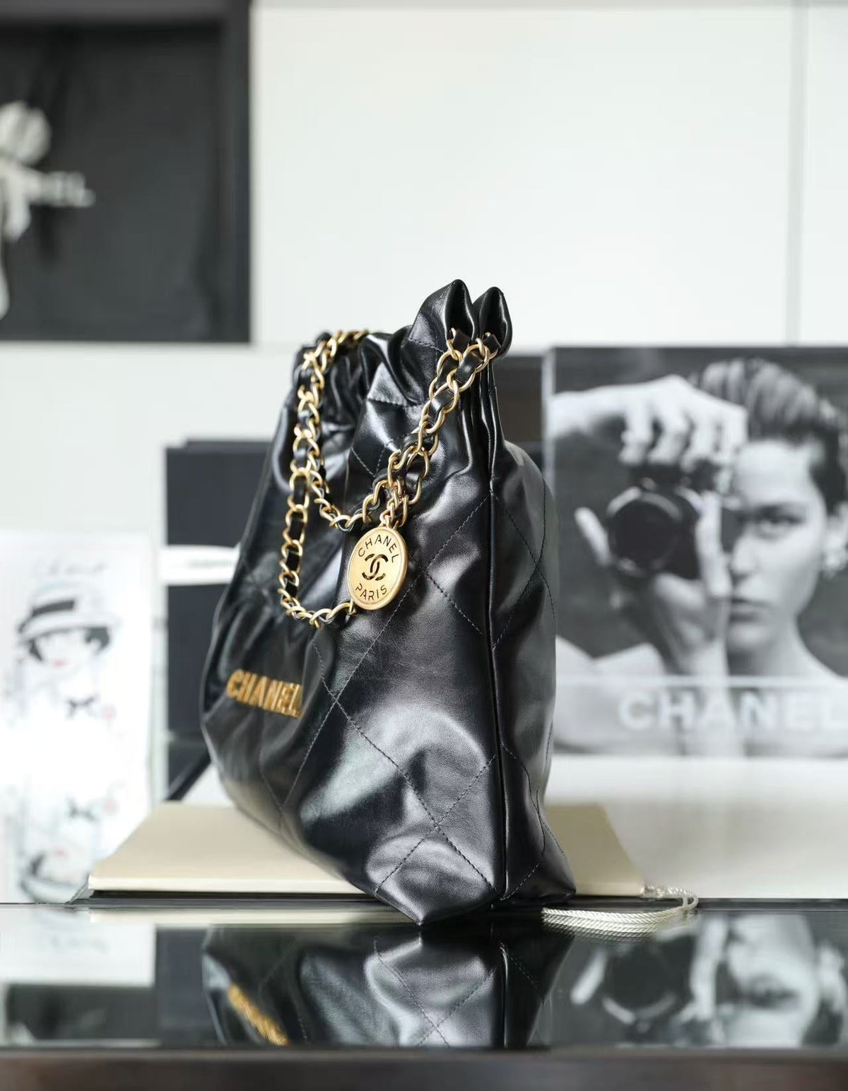 C*C Hobo Bag 22 Black 39cm Calfskin Gold Hardware
