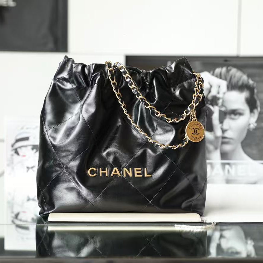 C*C Hobo Bag 22 Black 39cm Calfskin Gold Hardware