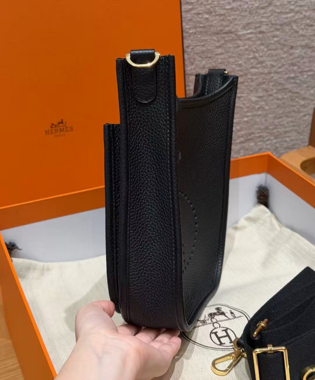H*M Evelyne 23cm Black Togo Leather Gold Hardware