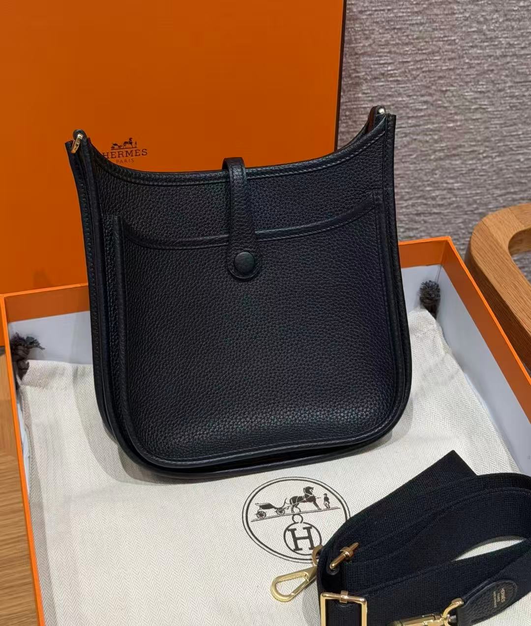 H*M Evelyne 23cm Black Togo Leather Gold Hardware