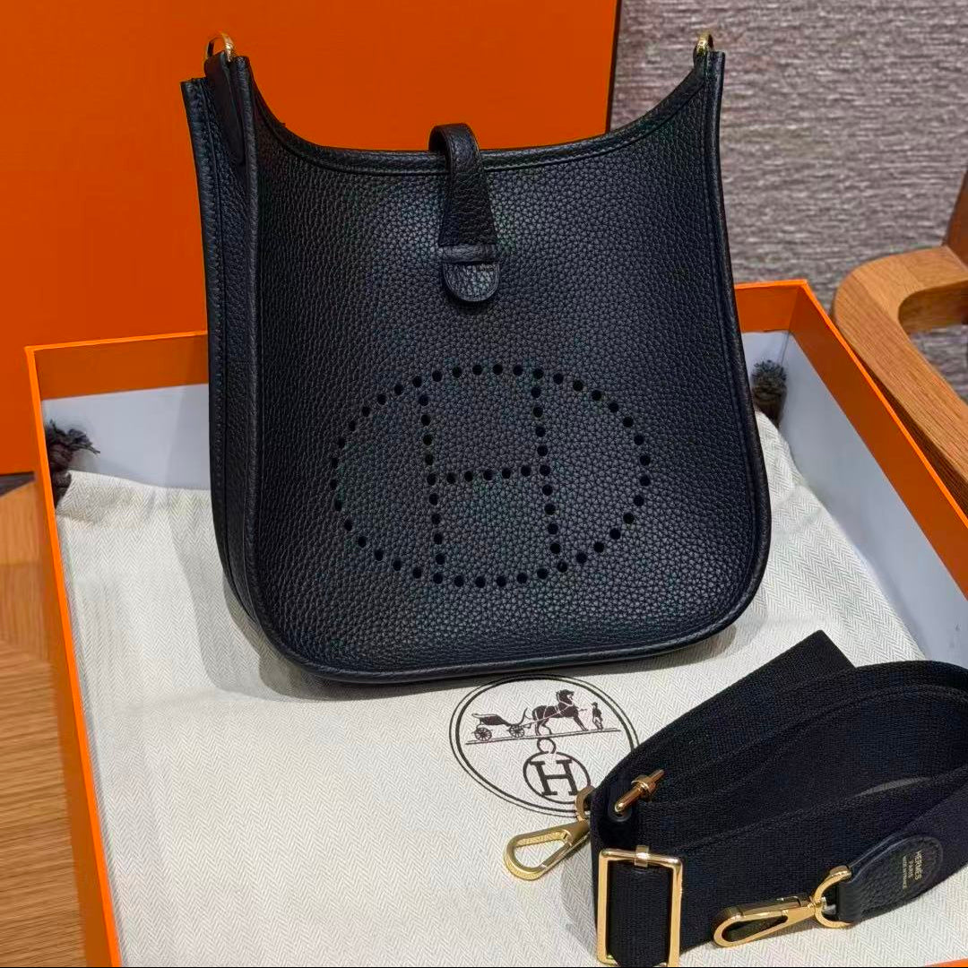 H*M Evelyne 23cm Black Togo Leather Gold Hardware