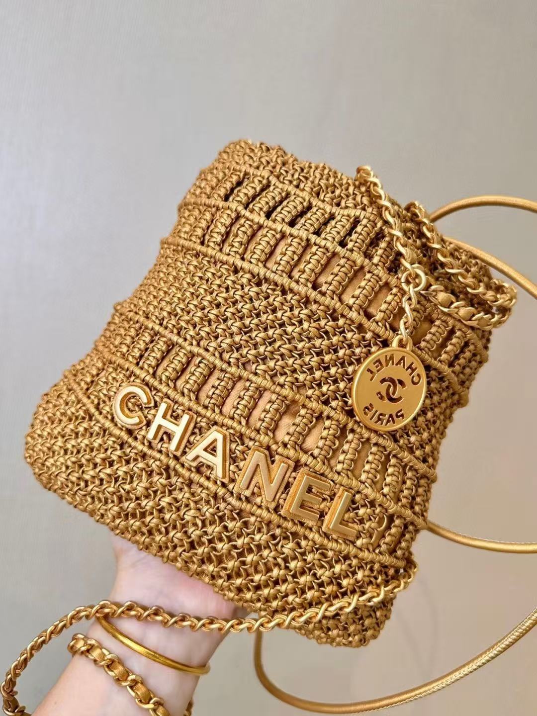 C*C Metallic Macramé Mini Ch*nel Hobo Bag 23cm Gold Calfskin