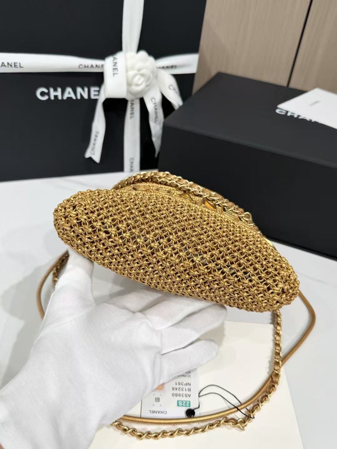 C*C Metallic Macramé Mini Ch*nel Hobo Bag 23cm Gold Calfskin