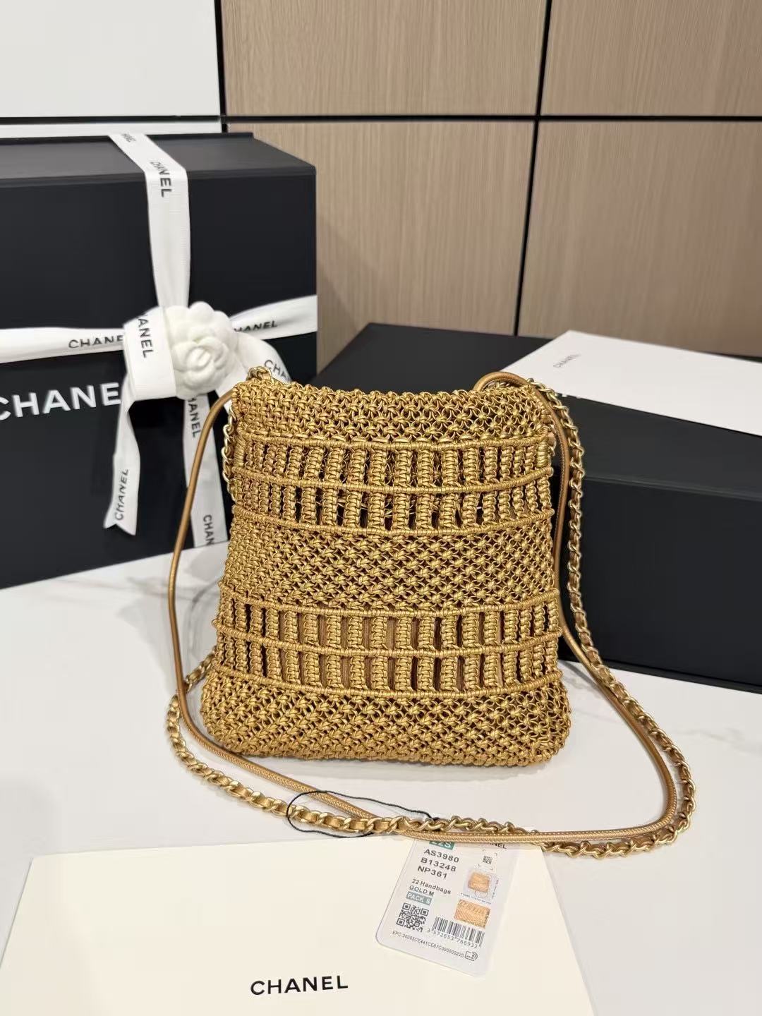 C*C Metallic Macramé Mini Ch*nel Hobo Bag 23cm Gold Calfskin