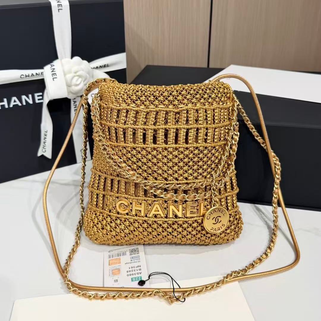 C*C Metallic Macramé Mini Ch*nel Hobo Bag 23cm Gold Calfskin