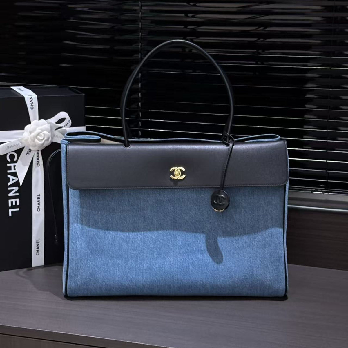 C*C Urban Essential East-West Shopping Tote 42CM Blue Denim Black Calfskin