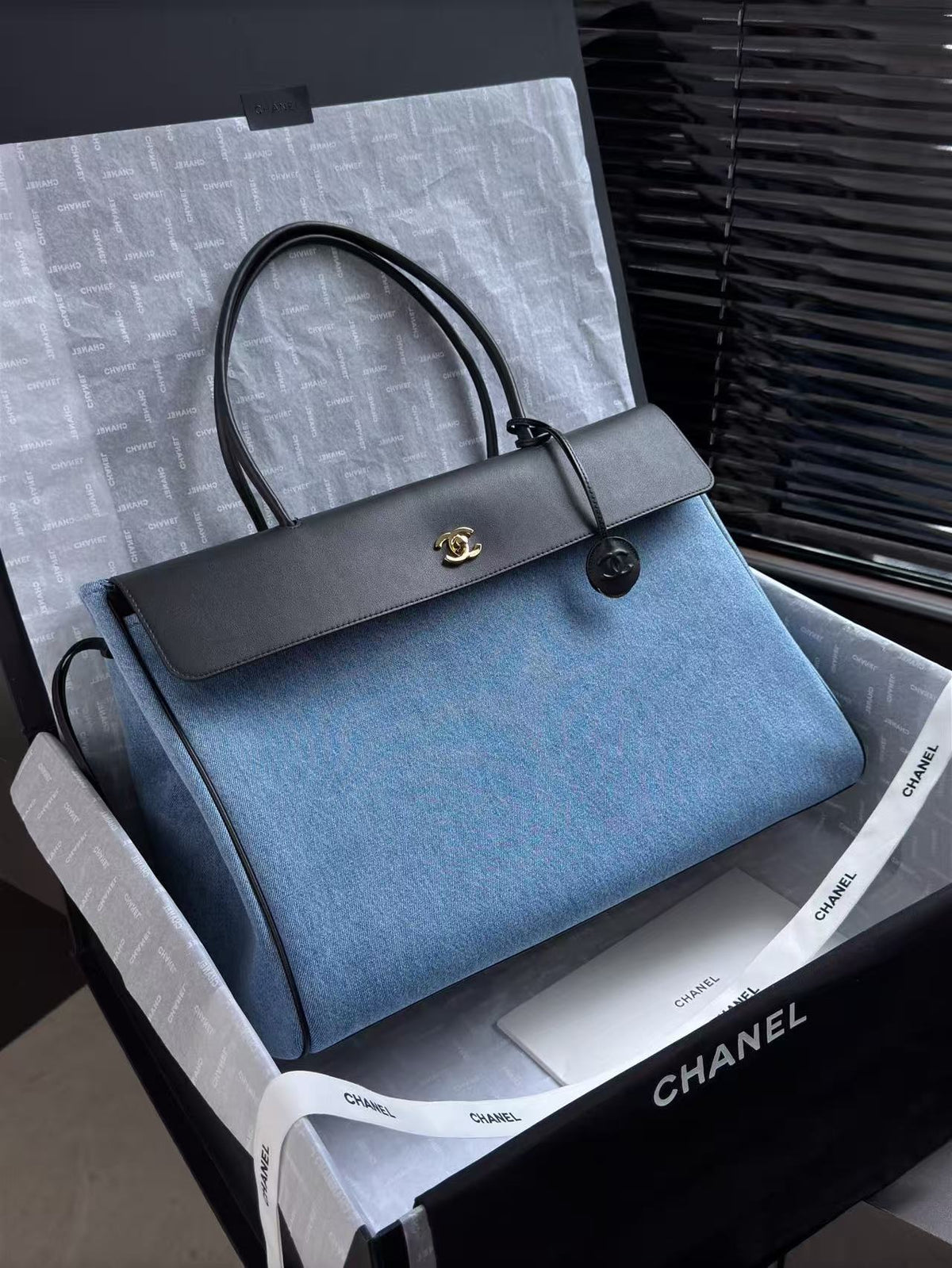 C*C Urban Essential East-West Shopping Tote 42CM Blue Denim Black Calfskin