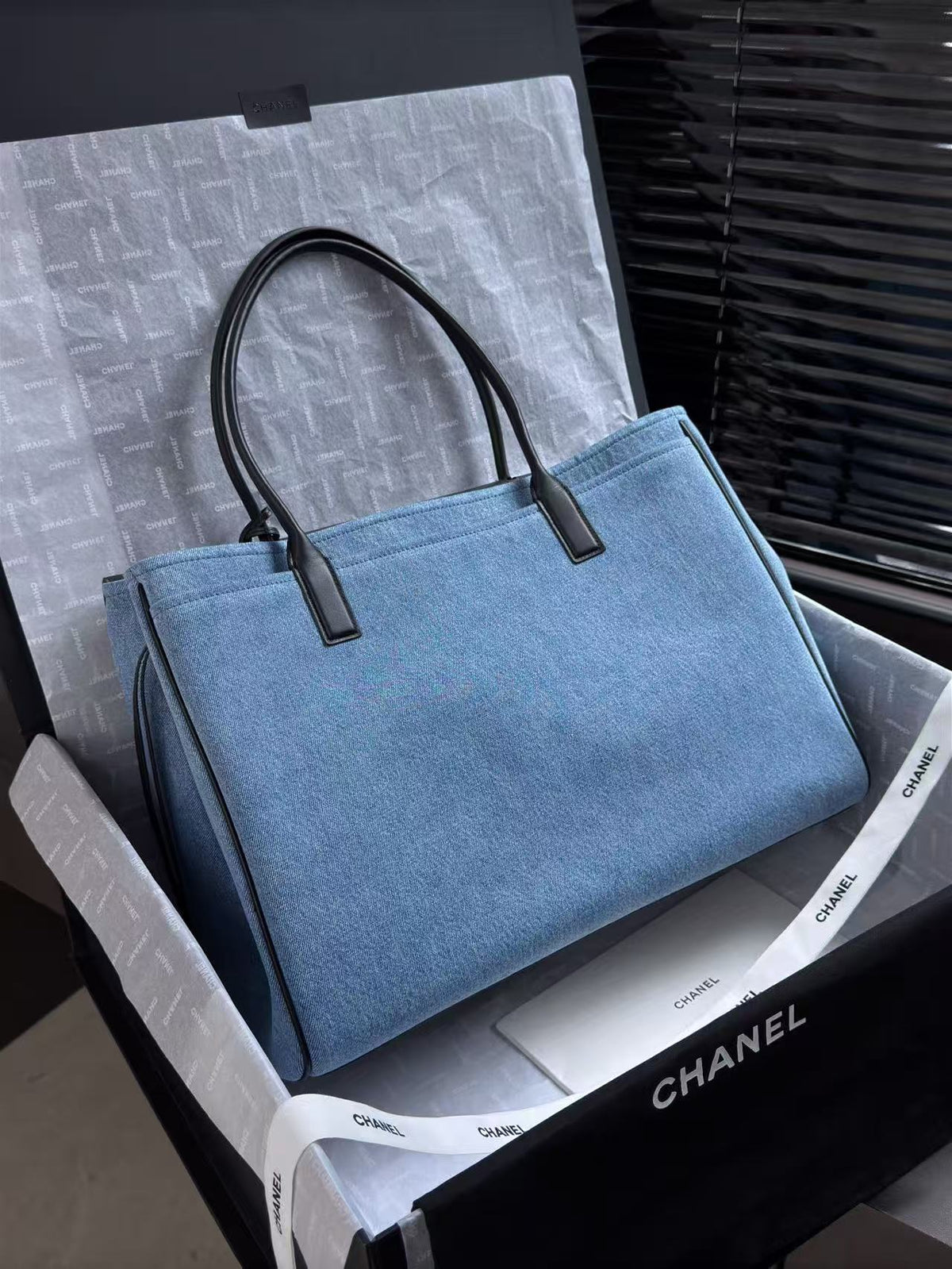 C*C Urban Essential East-West Shopping Tote 42CM Blue Denim Black Calfskin