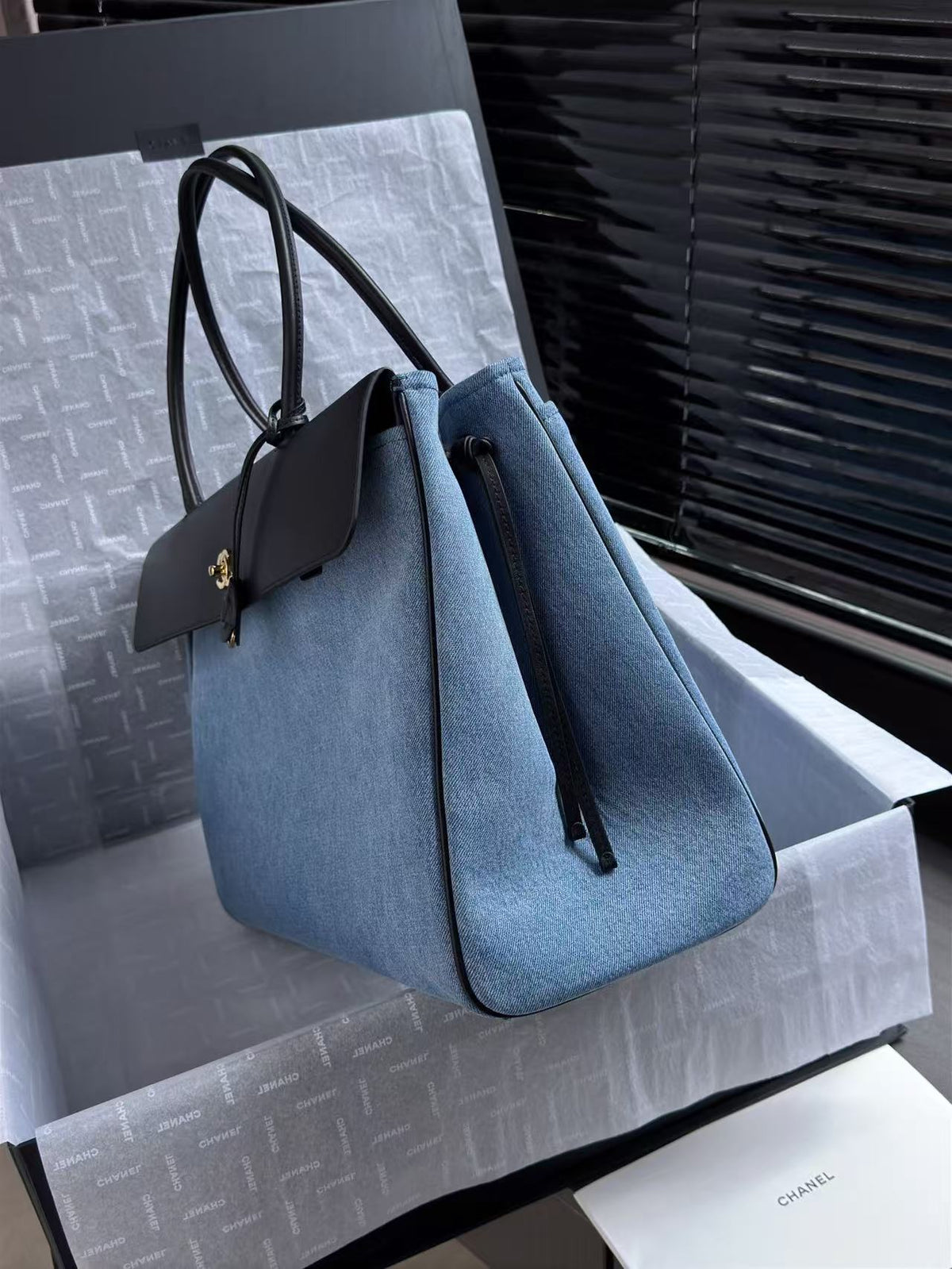 C*C Urban Essential East-West Shopping Tote 42CM Blue Denim Black Calfskin
