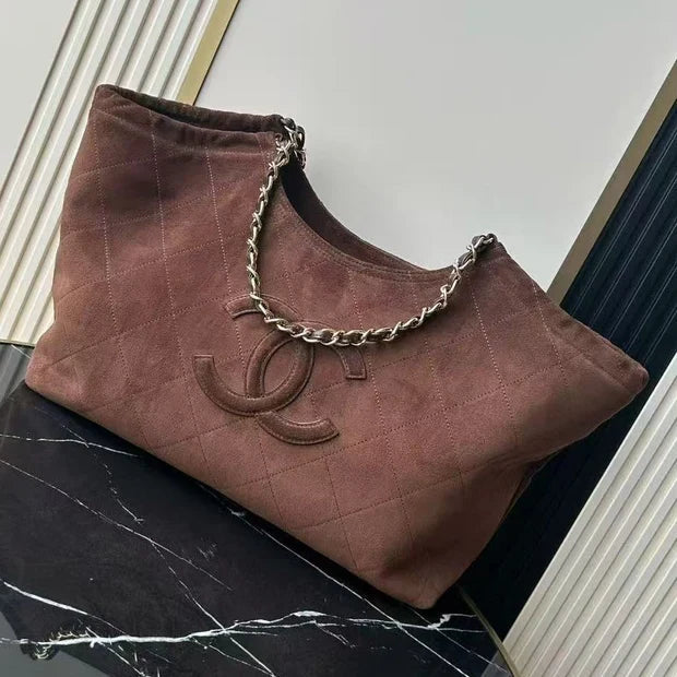 C*C 26s Quilted Neo Cabas Shopping Tote Bag 38cm Dark Brown Suede