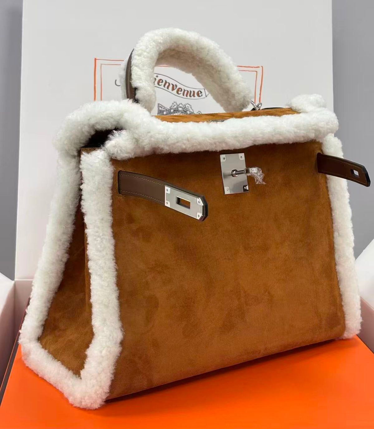 H*M Kelly Teddy Shearling 28cm Brown Suede Silver Hardware